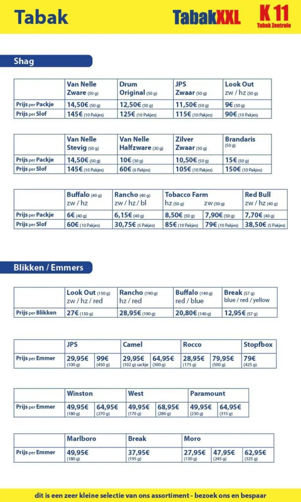 prijslijst tabak Luxemburg